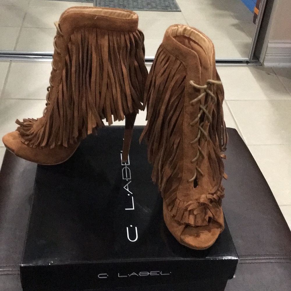 C. Label Lace up Fringe Booties